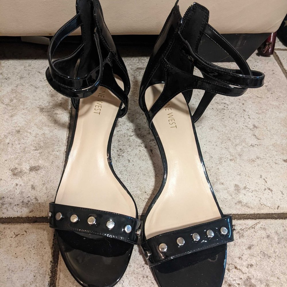 Simple black kitten heels with studs on the front strap (Size 8)